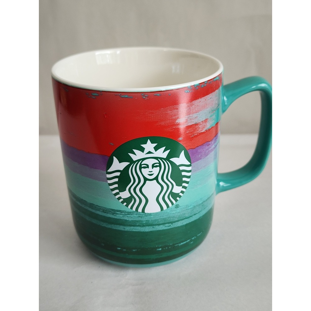 Starbucks 2021 Ceramic Coffee Mug 15oz Abstract Brushstroke Red Teal Green Siren